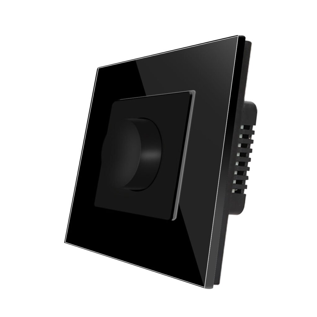 Swiss Luxury Fan Dimmer in black glass with a round rotary knob