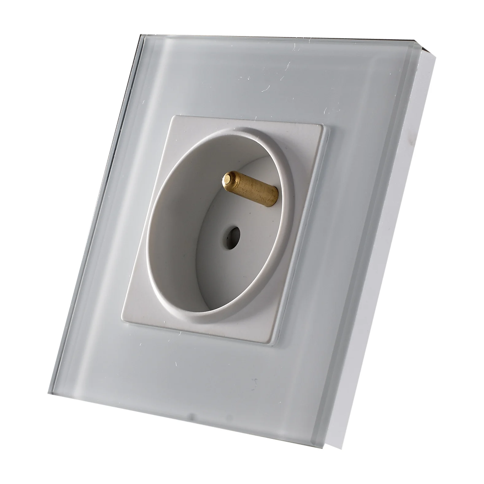 Swiss Luxury Edge Series French Socket, a round recessed socket with a projecting earth pin, in a grey glass plate