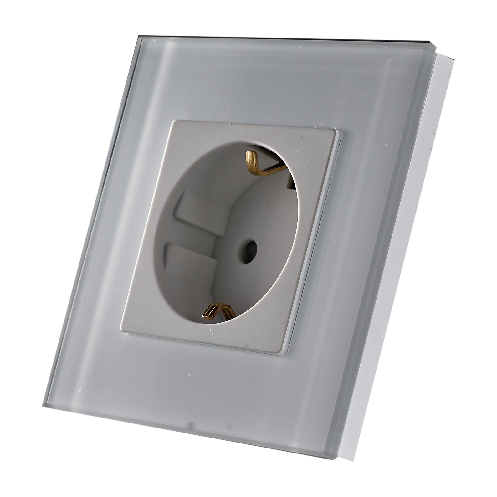 Swiss Luxury Edge Series Schuko Socket, a round recessed socket with earth clips, in a grey glass plate